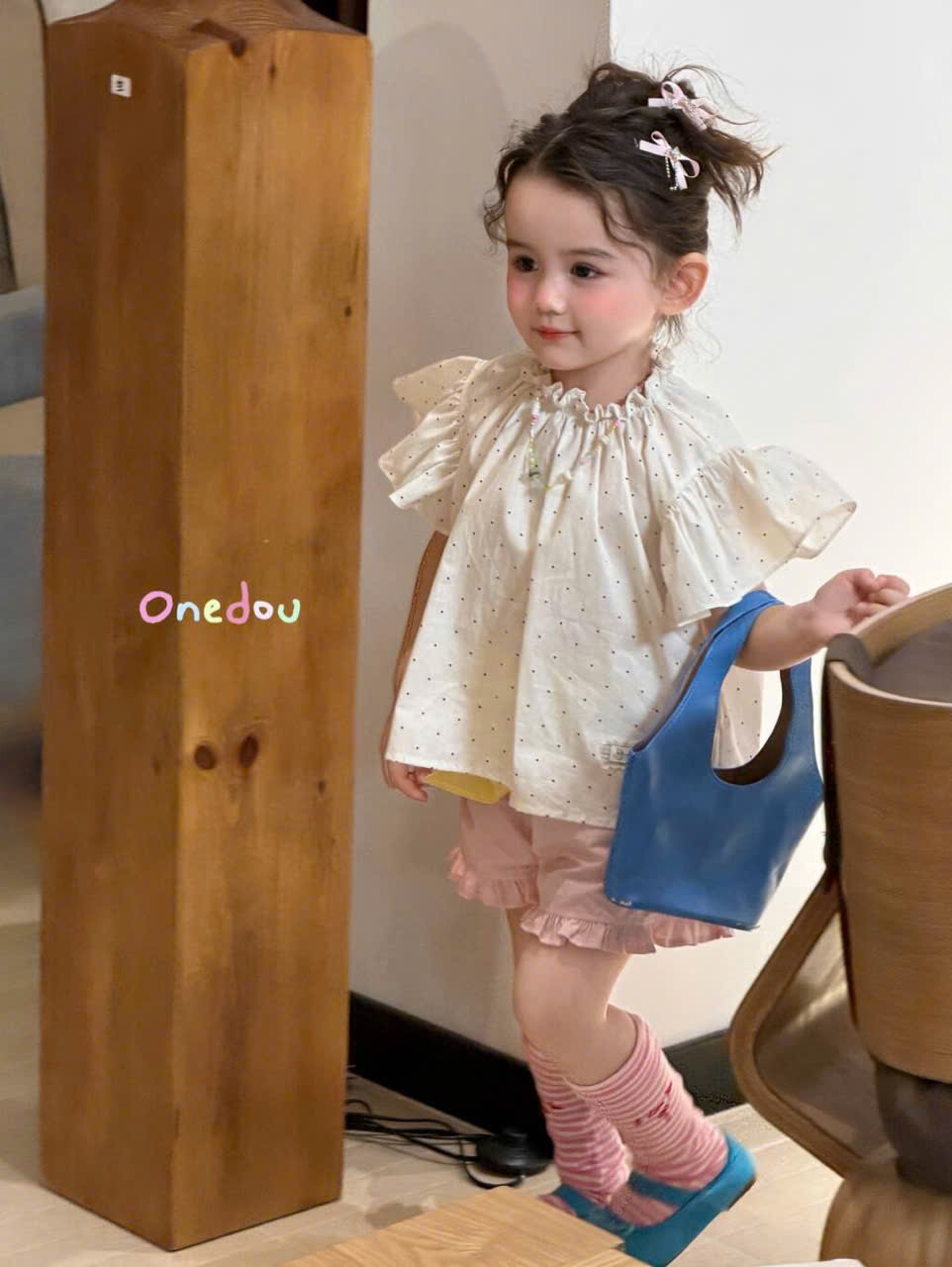 OD07 - Set thô tay bướm cổ bo chun chấm bi mix quần hồng hãng One Dou