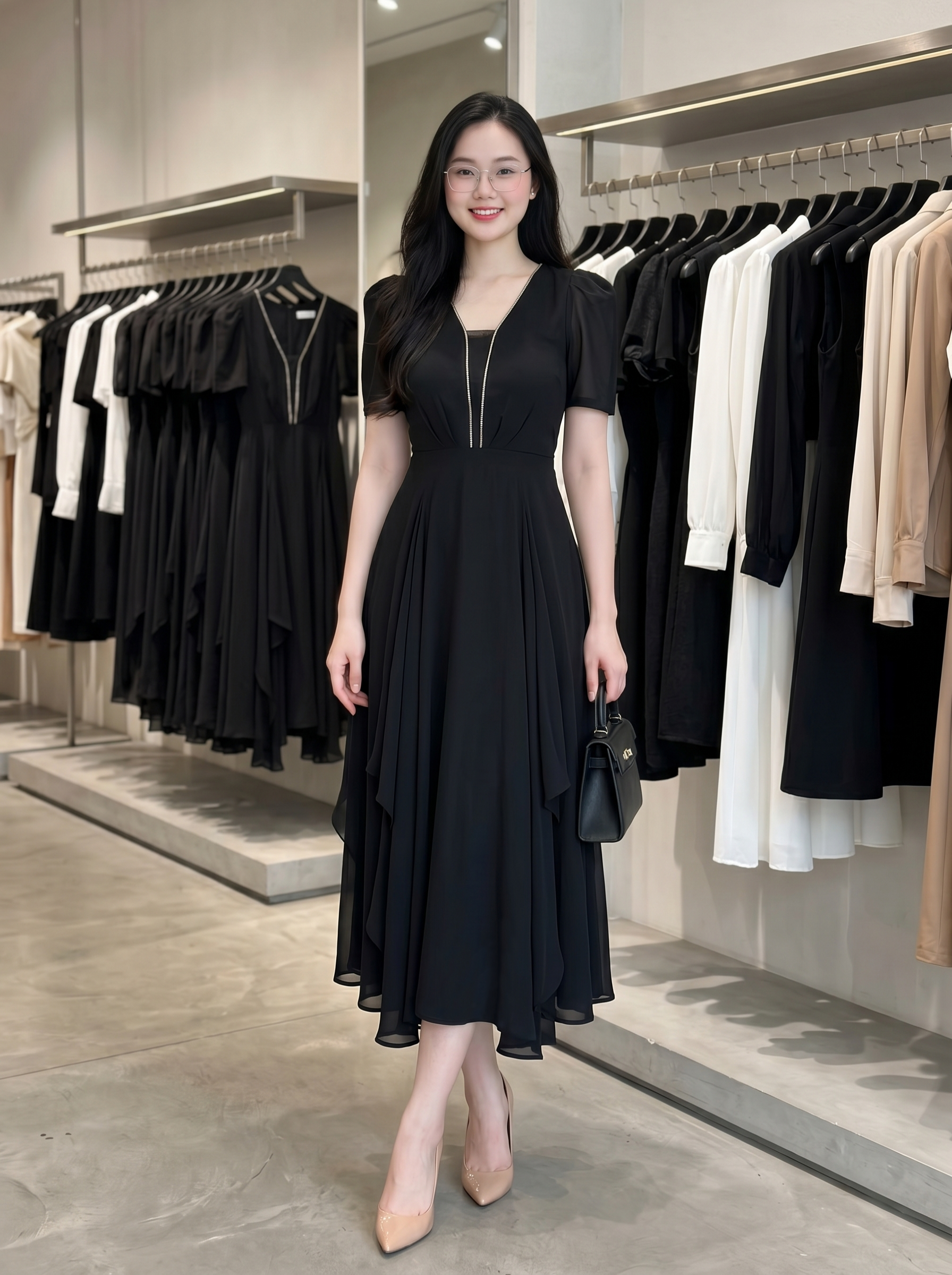 Đầm xòe thiết kế tay con cổ V phối đá_thumbnail_2