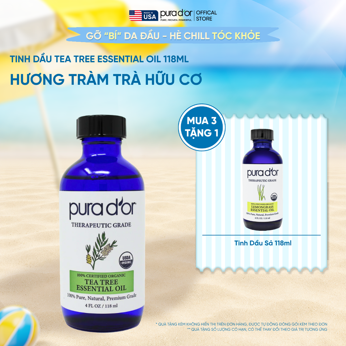 Tinh Dầu Tràm Trà Hữu Cơ Pura D'or Therapeutic Grade Tea Tree Essential Oil 118ml
