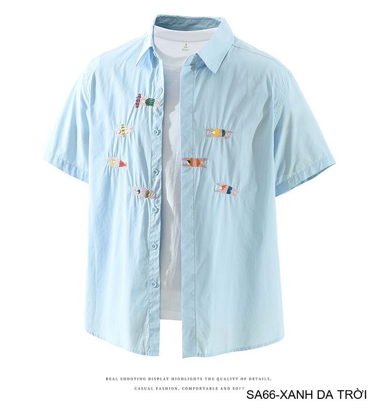 SA66 - Áo sơ mi nam ngắn tay thêu cá kiểu Nhật, cotton 100%, form rộng thoải mái, phong cách tươi mới_thumbnail_17