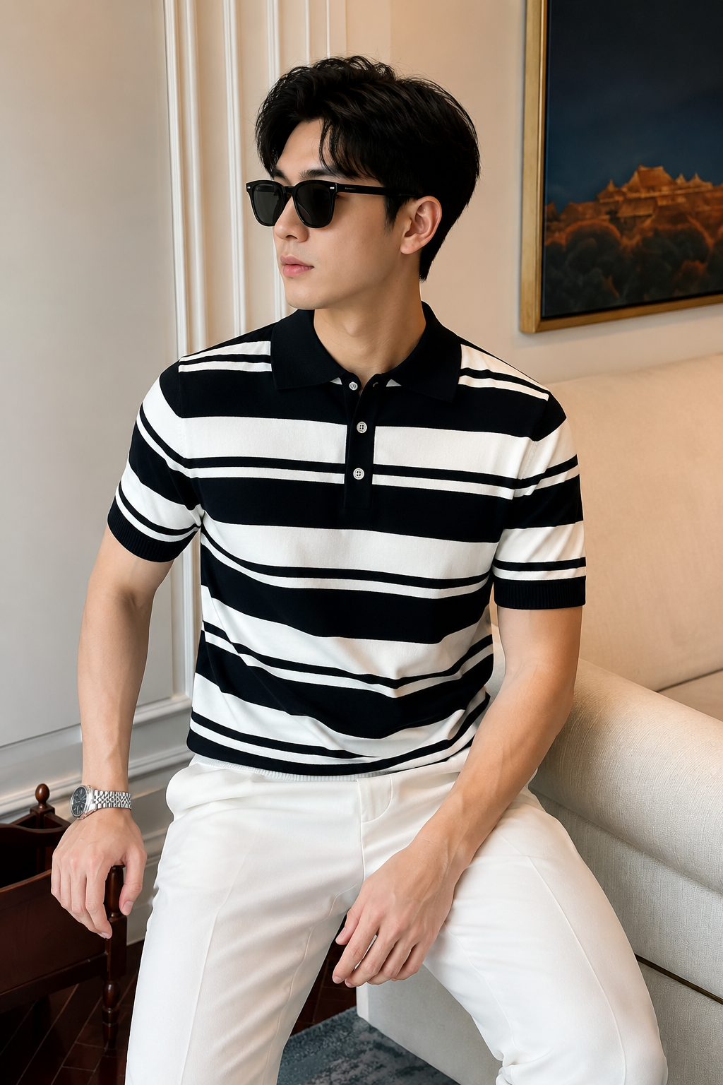 PA8 - Áo Polo nam sọc ngang đen trắng phong cách Anh, chất liệu nhẹ thoáng mát, tay ngắn cổ bẻ_thumbnail_4
