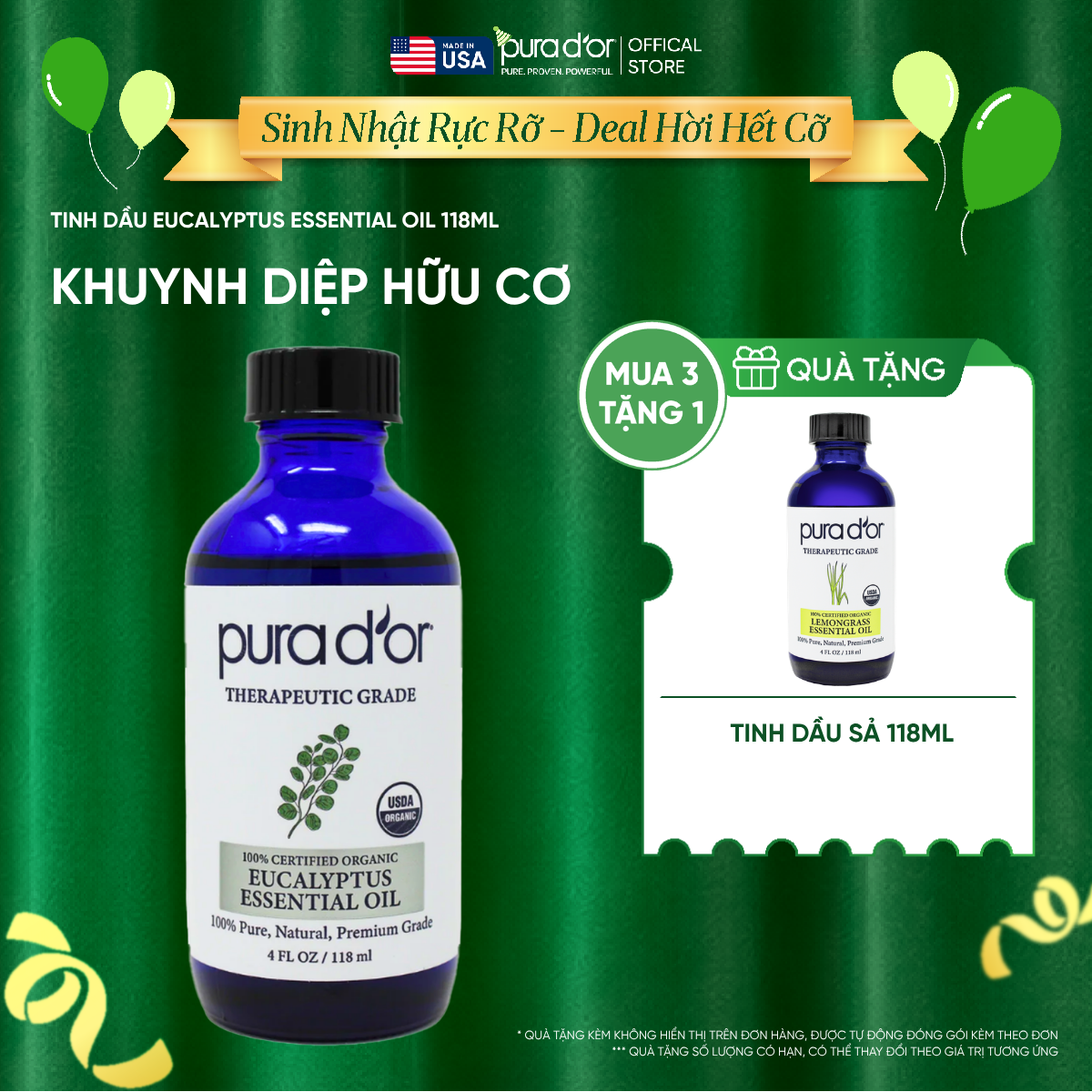 Tinh Dầu Khuynh Diệp Hữu Cơ Pura D'or Therapeutic Grade Eucalyptus Essential Oil 118ml_thumbnail_0