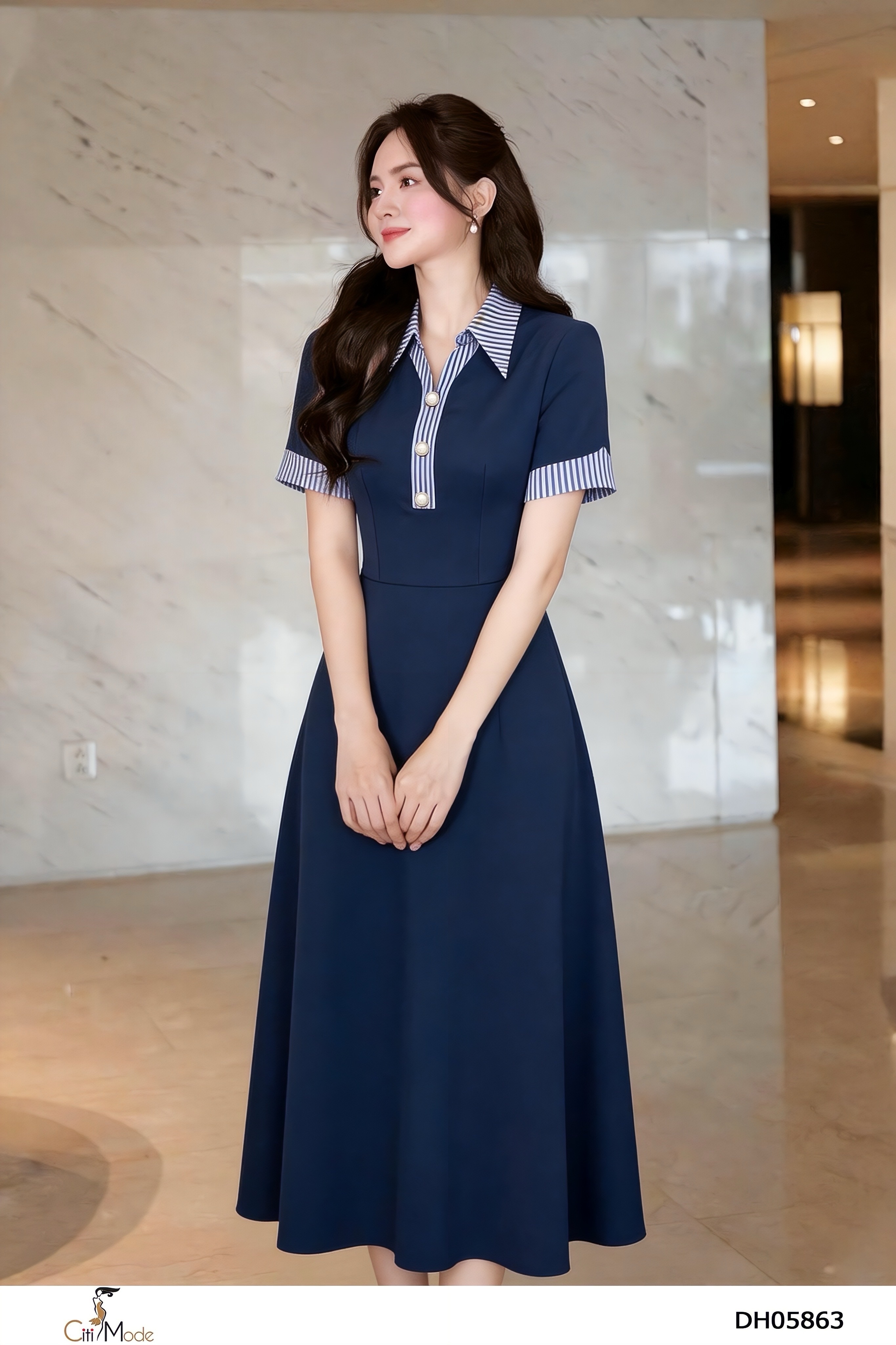 Đầm xòe tím cô đức phối kẻ tay cọc