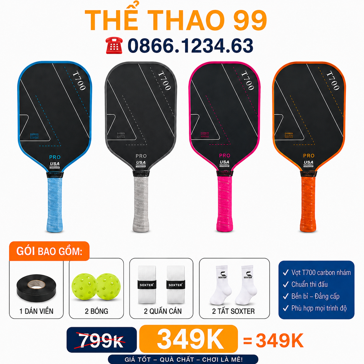 Vợt Pickleball T700 Pro Sợi Carbon mặt nhám dày 16mm lõi tổ ong