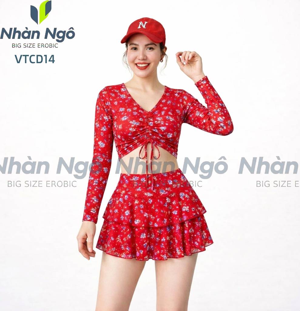 Bộ Đồ Tập Aerobic Nữ Big Size Nhàn Ngô VTCH - Áo Croptop Dài Tay Rút Dây Ngực Kèm Chân Váy Tầng Có Quần Bảo Hộ_thumbnail_1