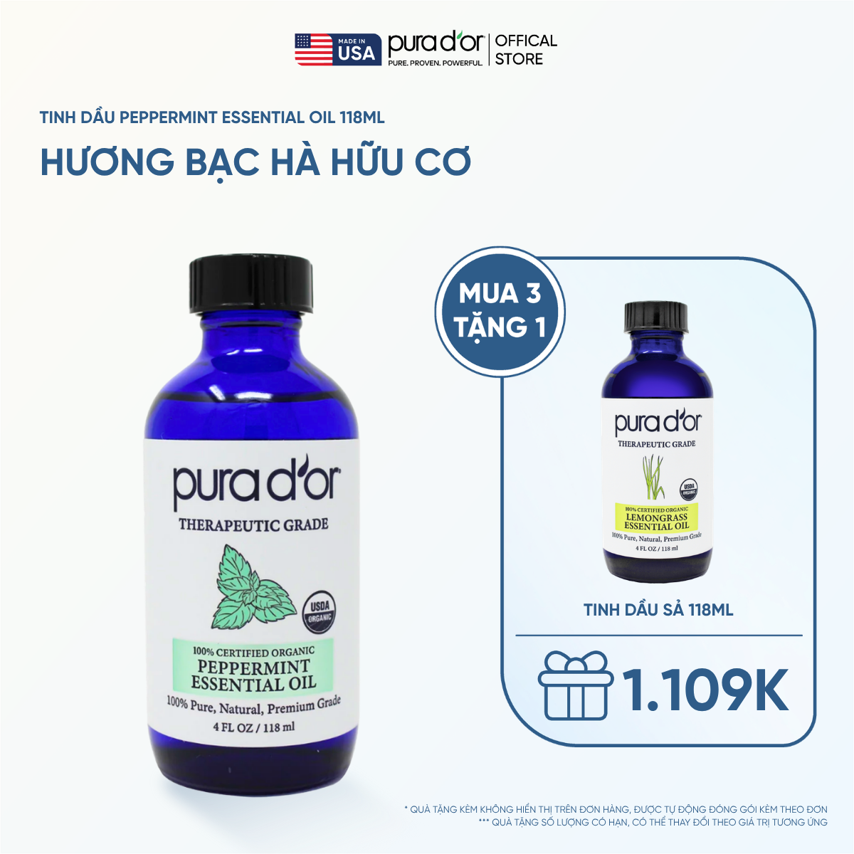 Tinh Dầu Bạc Hà Hữu Cơ Pura D'or Therapeutic Grade Peppermint Essential Oil 118ml