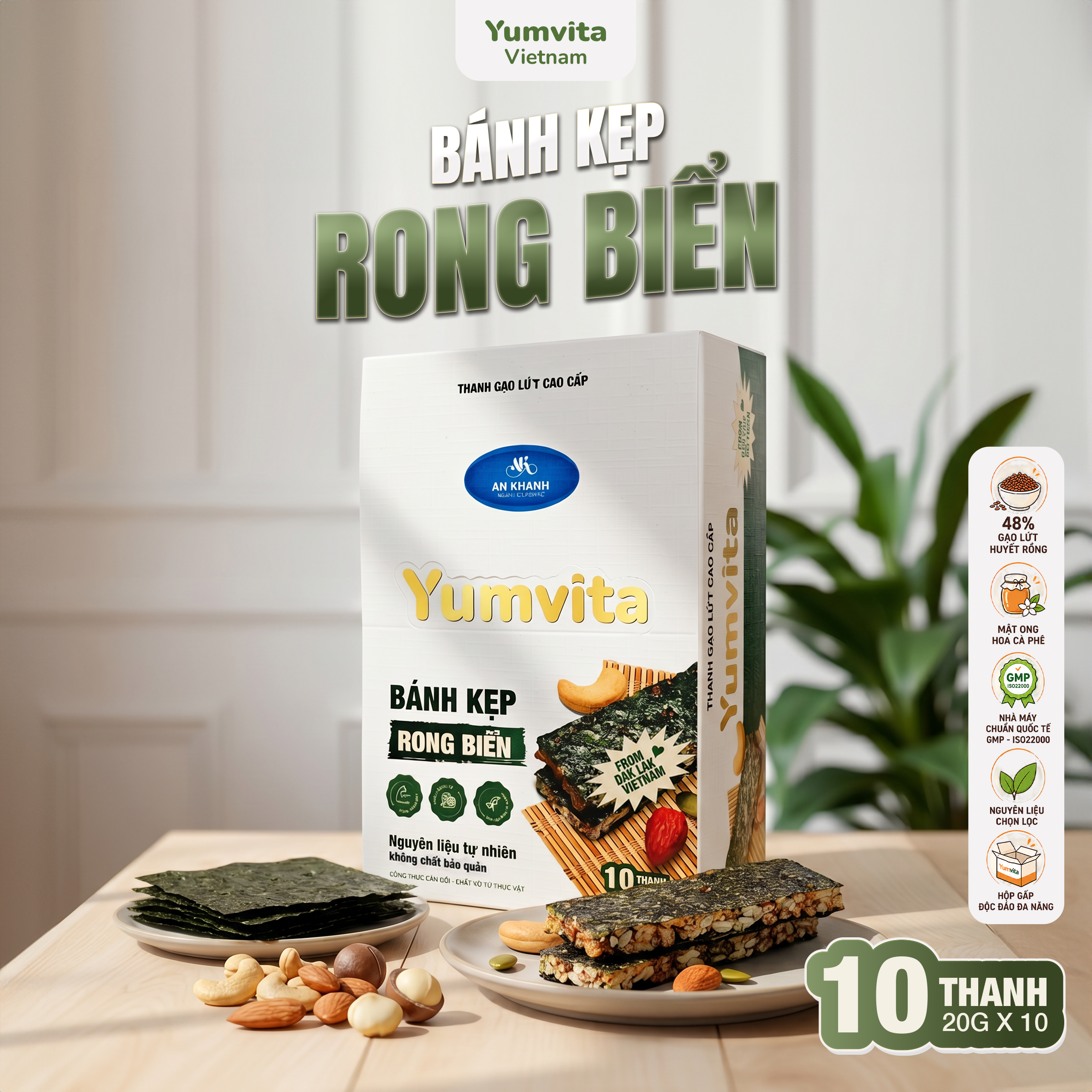 Bánh Kẹp Rong Biển Yumvita 200G (10x20G) Bánh ăn kiêng, Nguyên Liệu Sạch từ Đắk Lắk