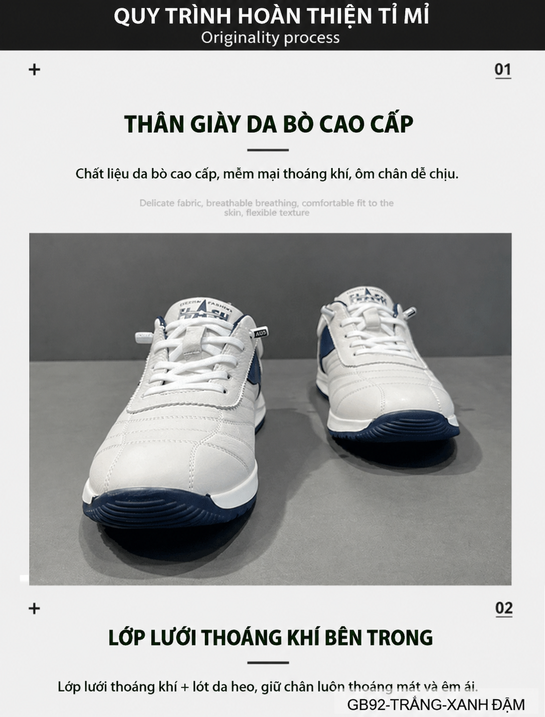 GB92 - Giày thể thao nam da bò trắng phối màu, phong cách thời trang thường ngày, đế bằng êm ái_thumbnail_4