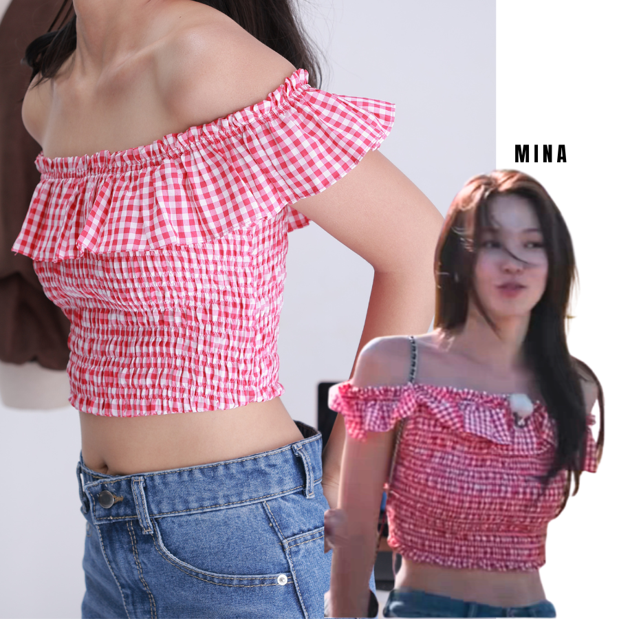 Áo trễ vai MINA caro đỏ form bo chun thoải mái tôn dáng phong cách mùa hè_thumbnail_1