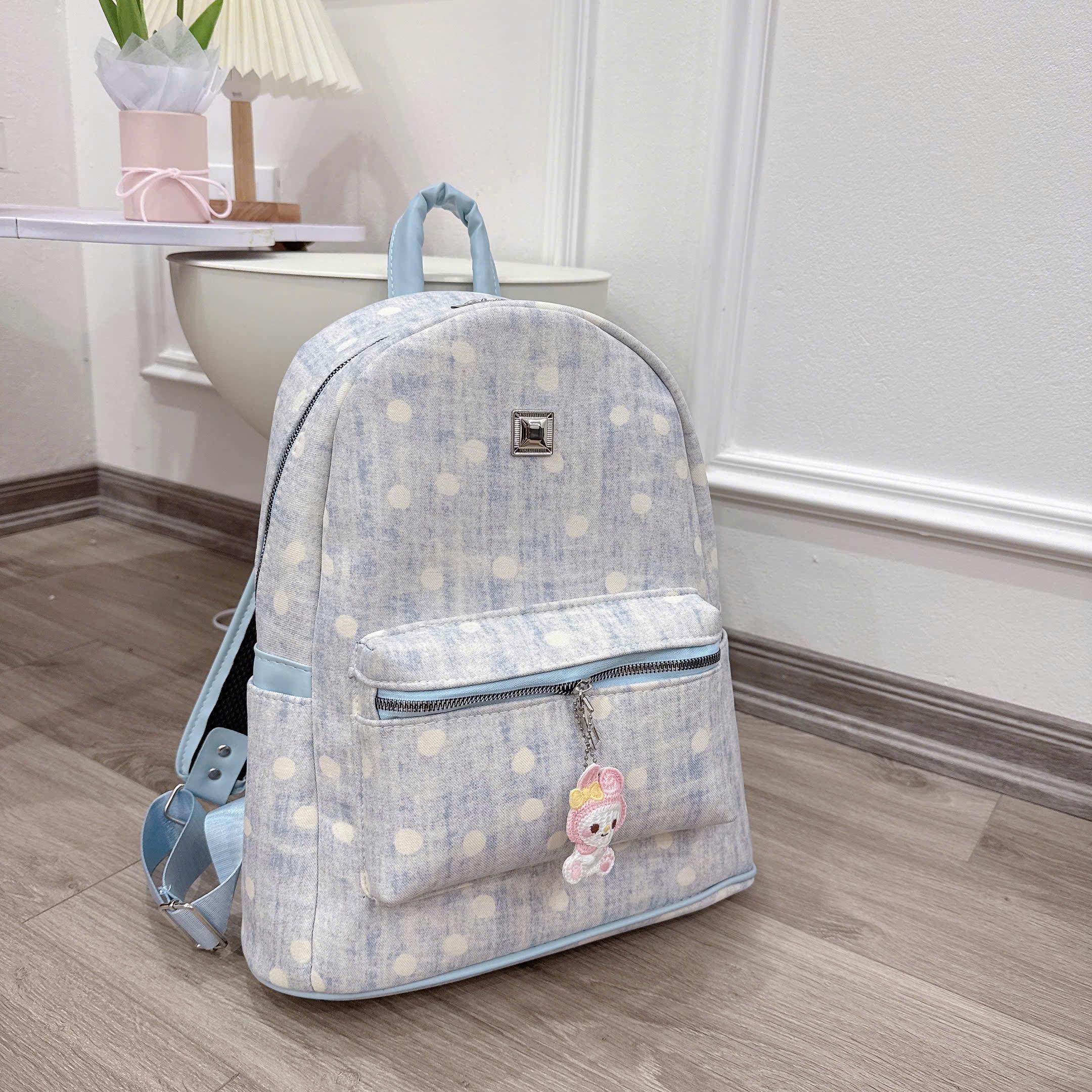Balo nữ vintage chấm bi màu xanh pastel, thiết kế tối giản cute, đeo đi học đi chơi thời trang BL060