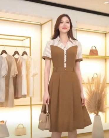 14698-Đầm xòe nâu phối trắng sọc phía trên (chéo nhật, lụa sọc)_thumbnail_1