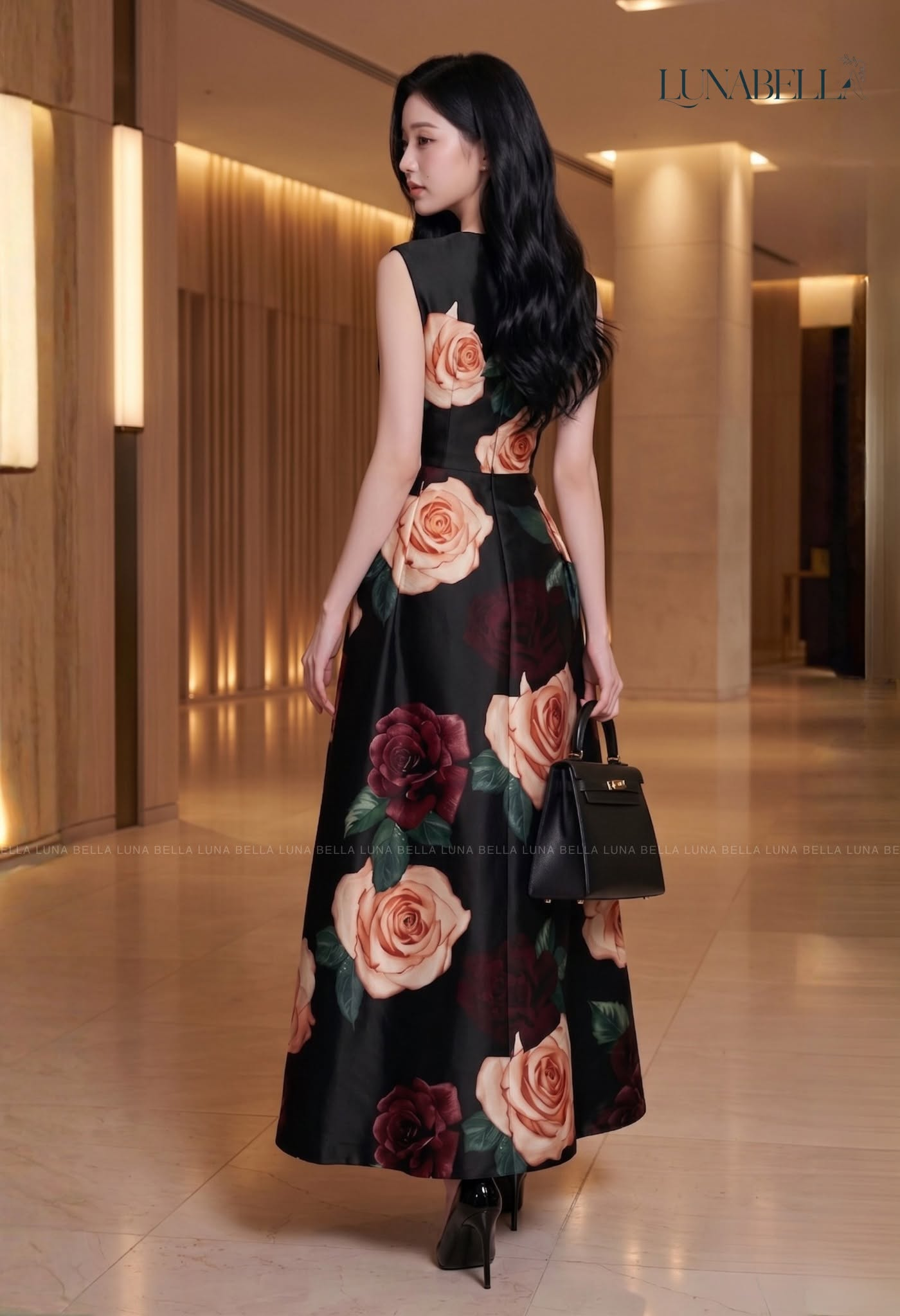 Váy dài in hoa hồng LORENA màu ĐEN_thumbnail_2