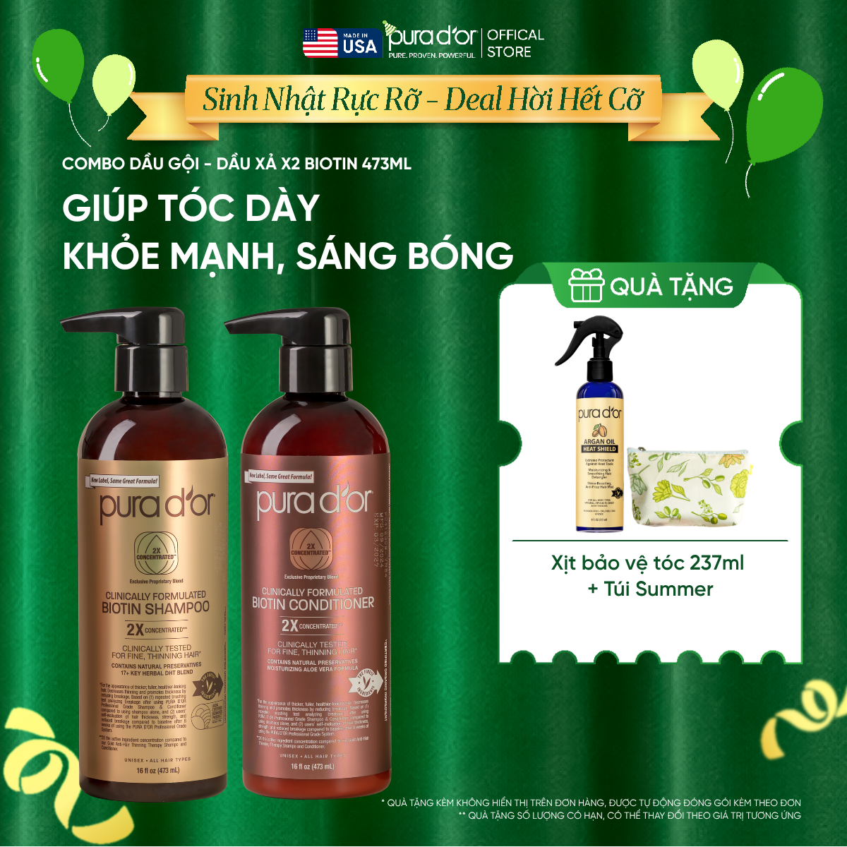 Combo Gội - Xả Pura D'or Biotin X2 Concentrated Giúp Tóc Dày, Khỏe Mạnh và Sáng Bóng Hơn 473ml