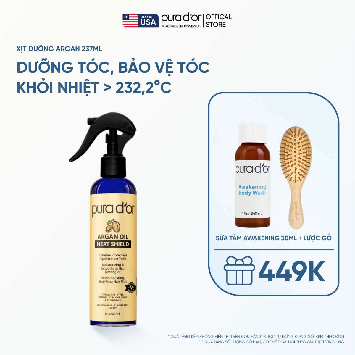 Xịt Dưỡng Giúp Bảo Vệ Tóc Khỏi Nhiệt Pura D'or Argan Oil Heat Shield Chiết Xuất Thiên Nhiên 237ml