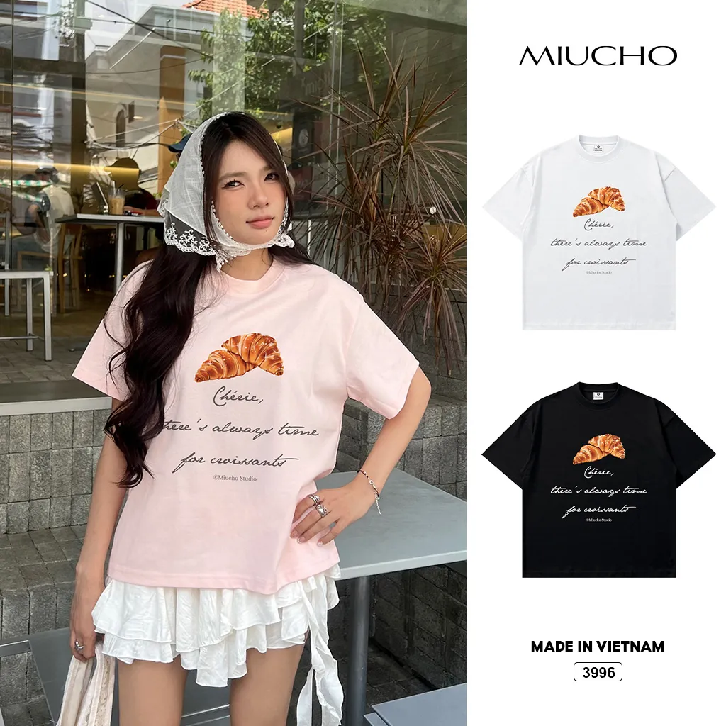 Áo thun boxy nữ in graphic Croissant đáng yêu Miucho 3996