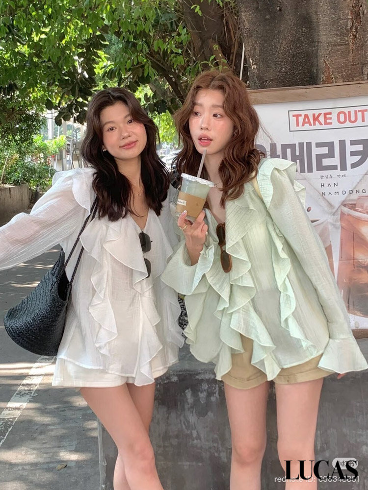 Áo sơ mi voan tơ cổ tim phối bèo lớn dọc áo cổ tay loe_thumbnail_3