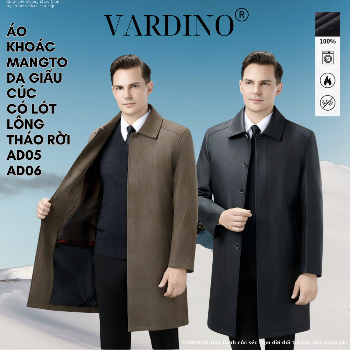 Áo da nam dáng dài giấu cúc có lót tháo rời Vardino AD05-AD06