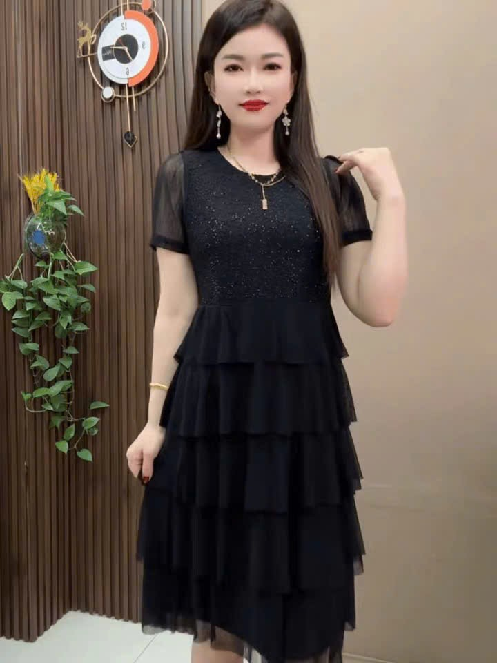 18490-Đầm suông tay ngắn phối tầng cách điệu ( thun, voan)