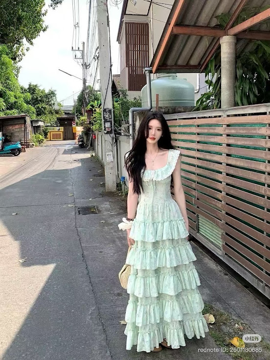 Lucas - Váy voan hoa cổ vuông viền bèo + buộc nơ + chân váy xòe tầng dáng maxi_thumbnail_1