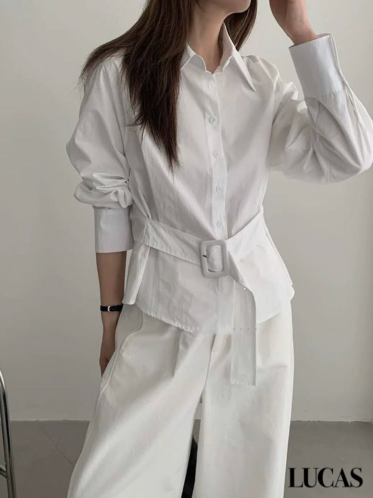 Áo sơ mi cổ đức vai chéo cài cúc dài tay phom suông + belt cài