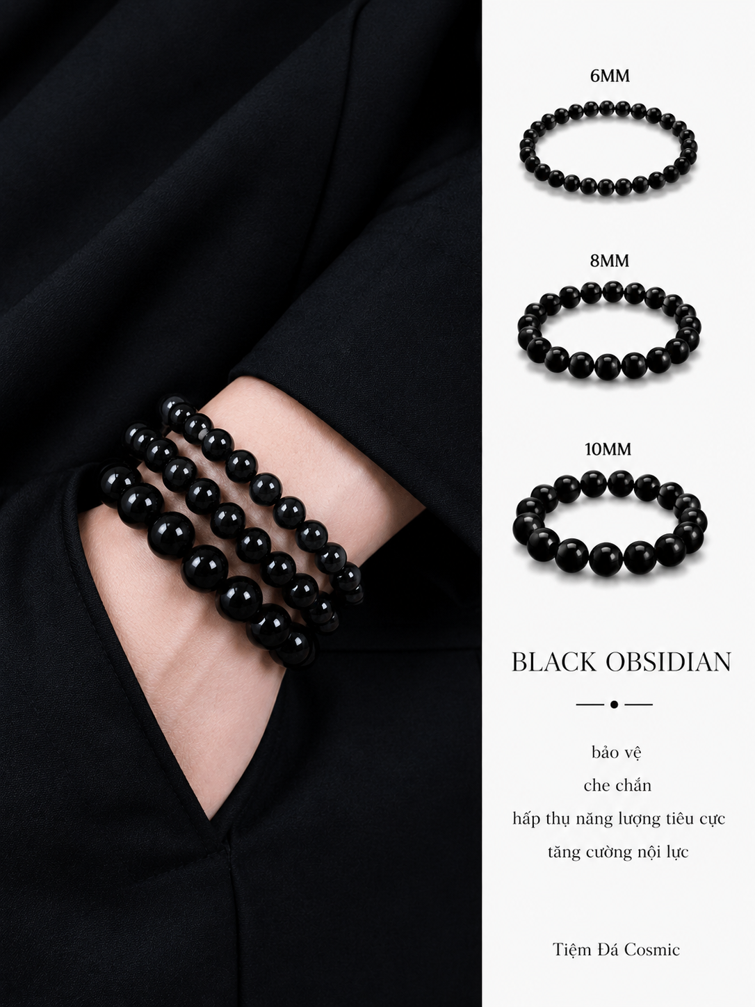 Vòng Đá Thủy Tinh Núi Lửa Obsidian Đen
