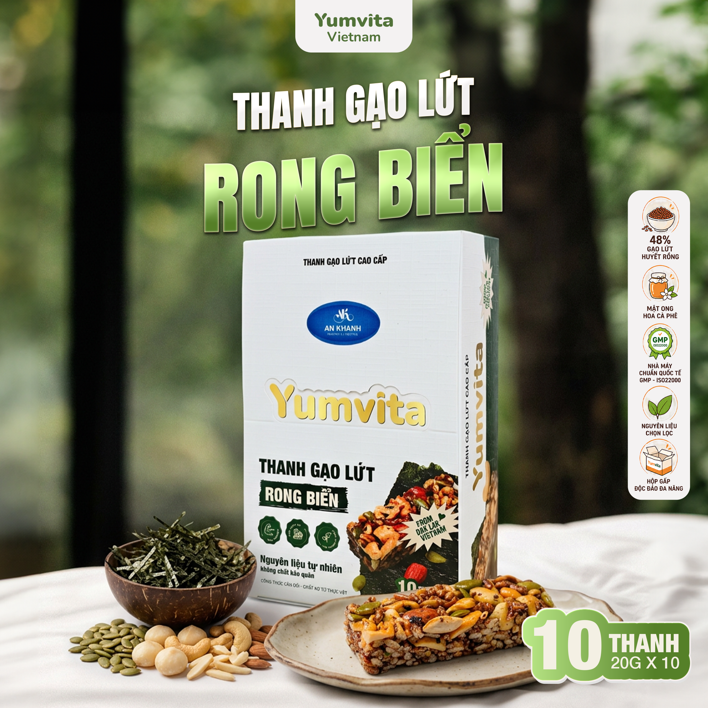 Thanh Gạo Lứt Rong Biển Yumvita 200G (10x20G) Bánh ăn kiêng, Nguyên Liệu Sạch từ Đắk Lắk