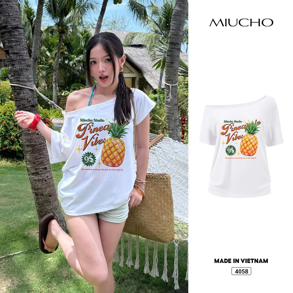 Áo thun nữ form rộng lệch vai phong cách mùa hè Miucho 4058