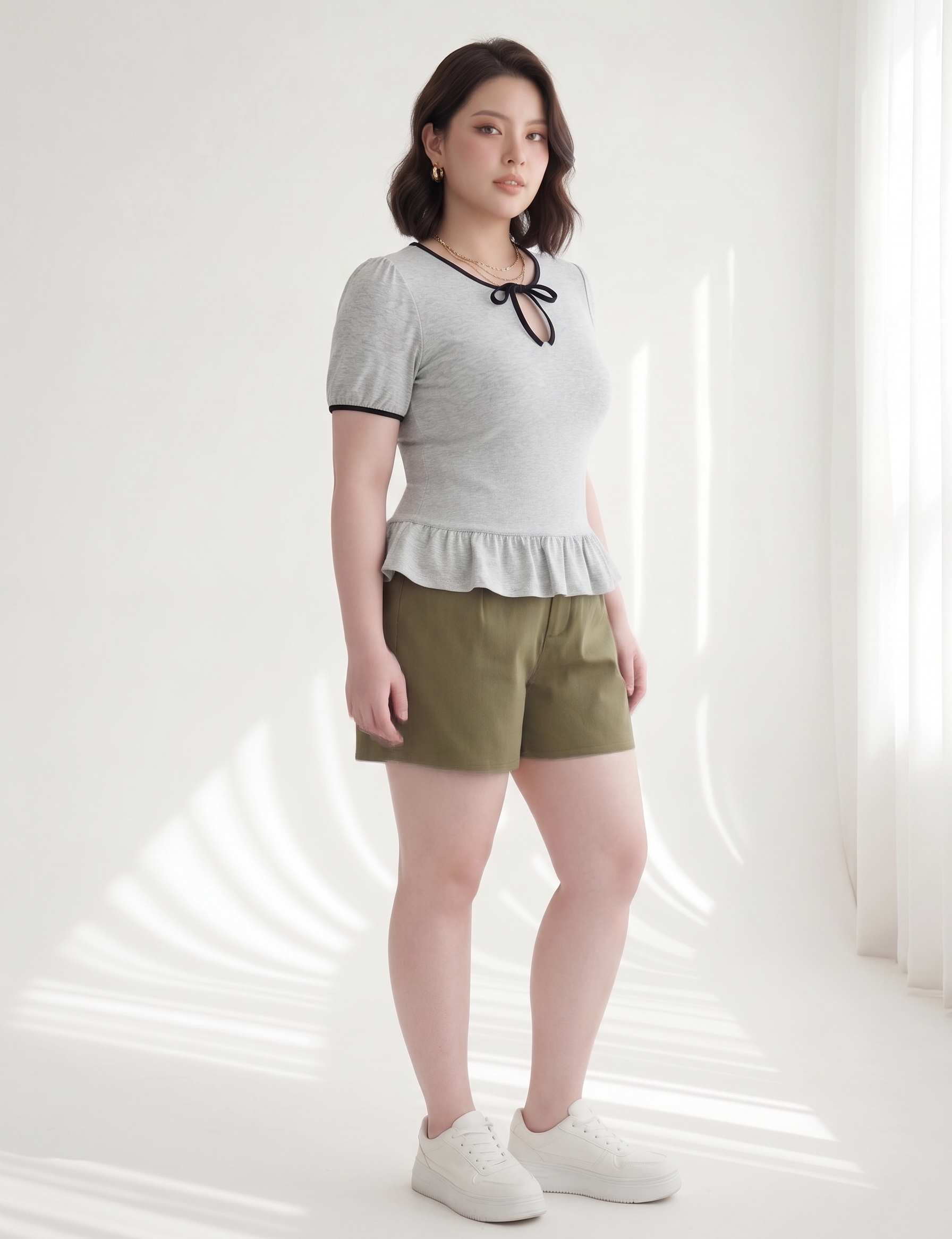 Áo Thun Nhún Bèo Phối Nơ Bigsize Form Peplum Tạo Eo Mềm Che Bắp Tay - Xám - Vừa 55-95kg - V-AK103_thumbnail_1