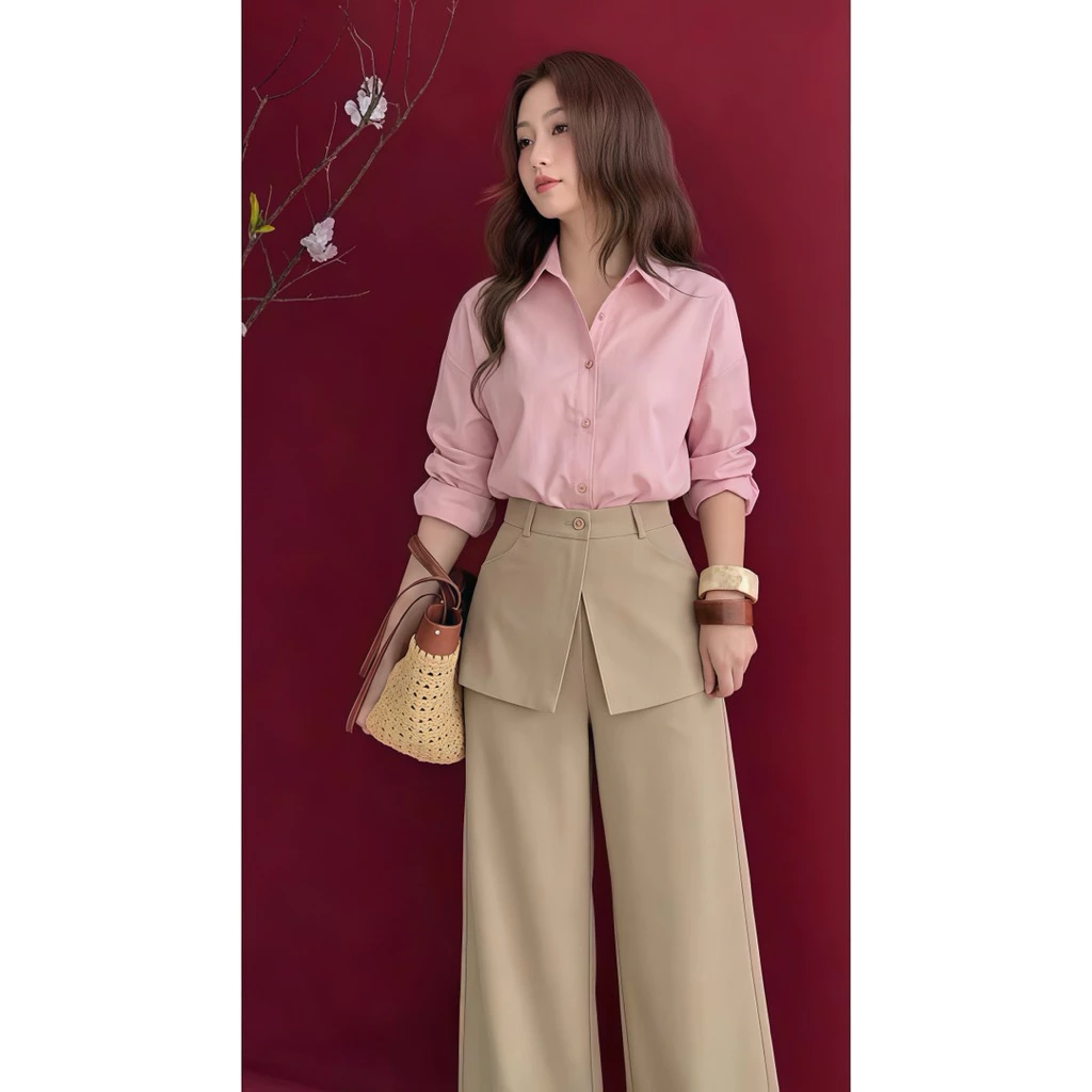 Set áo sơ mi bamboo hồng phối quần suông ống rộng , Set đồ công sở nữ thanh lịch, form đứng dáng kiểu Hàn Loga_L101_thumbnail_7