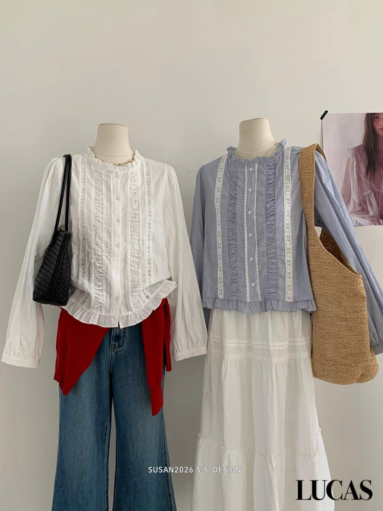 Áo sơ mi thô sọc JUBOW cúc trong phối ren dọc 2 bên, nẹp áo, phối sọc ngang 2 bên