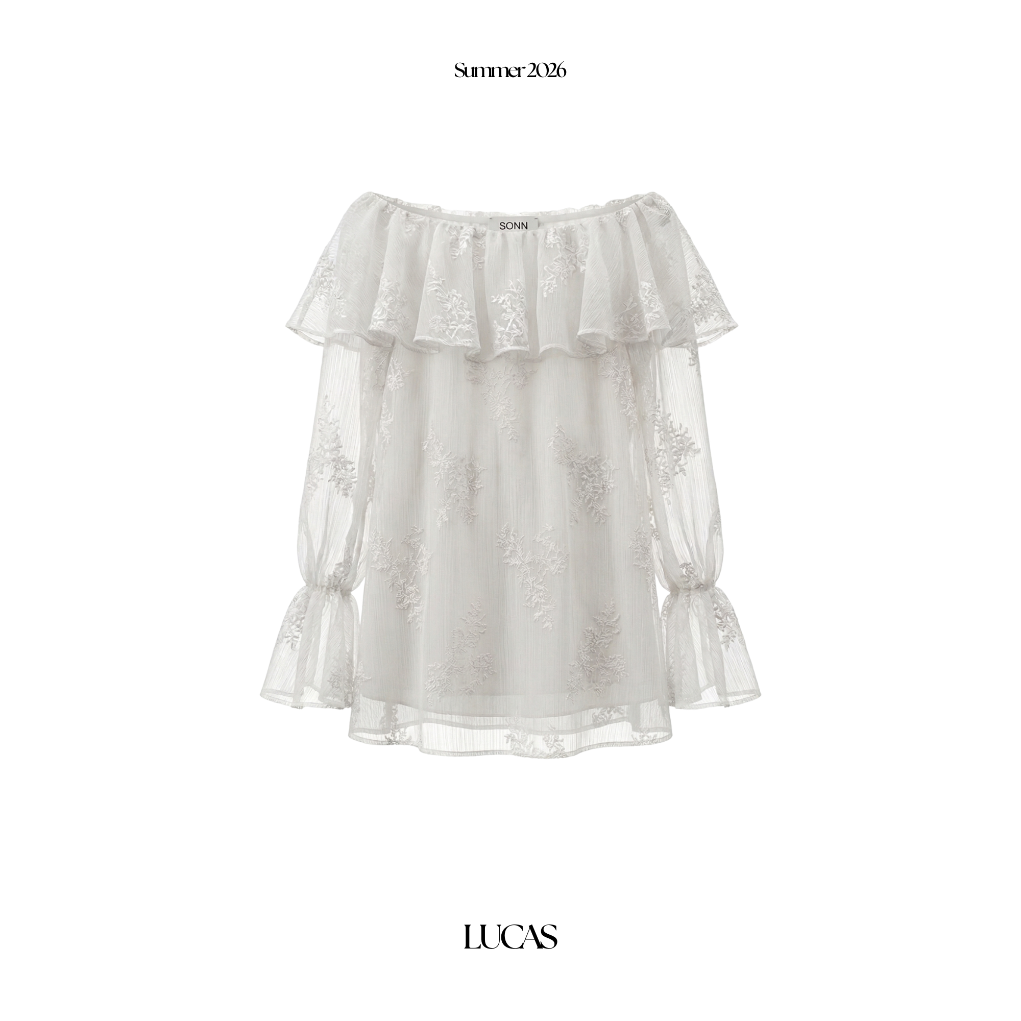 Áo sơ mi voan hoa trễ vai thêu hoa trắng + dây vải chun tay