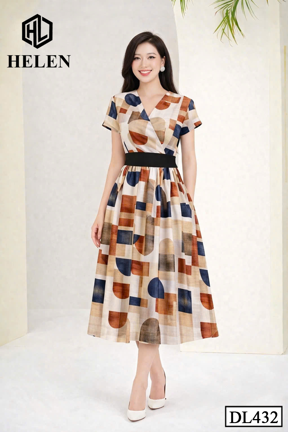 Đầm xòe họa tiết khối nâu phối đai đen DL432_thumbnail_2