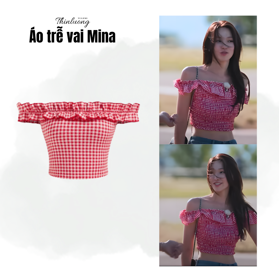 Áo trễ vai MINA caro đỏ form bo chun thoải mái tôn dáng phong cách mùa hè