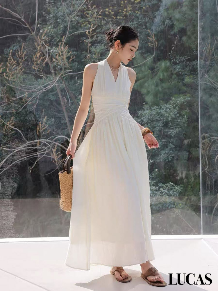 Váy yếm maxi zile eo đan chân xòe cổ tim WGWE