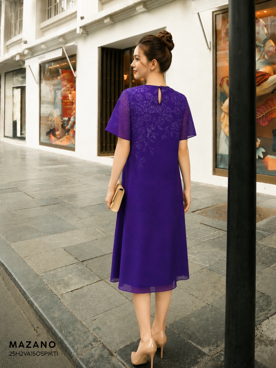 Váy Đầm suông A  Vải voan mỏng Đính trang trí Cổ tròn Tay ngắn Dài váy ngang bắp_thumbnail_3