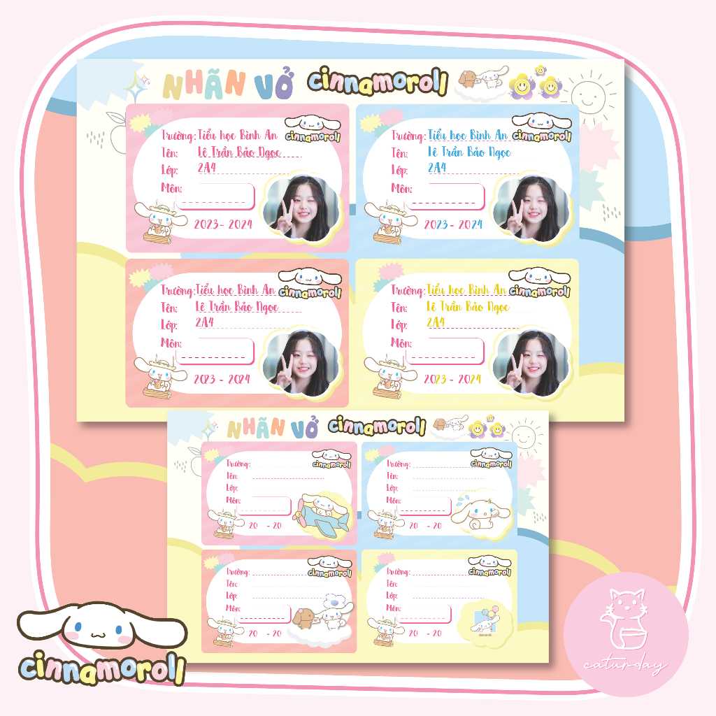 Set 24 nhãn vở CINNAMOROLL Pastel - in ảnh, in tên theo yêu cầu