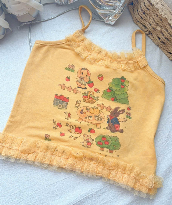 HY31- Áo ba lỗ vàng in hoạ tiết phối ren bèo Huayou