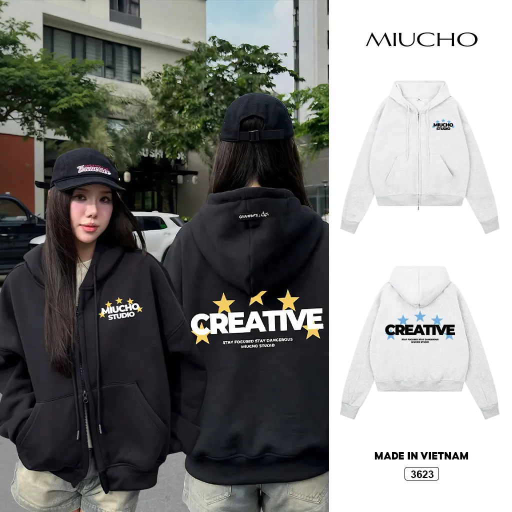 Áo hoodie form boxy dáng ngắn in chữ basic Miucho chất nỉ 2 da thoáng mát