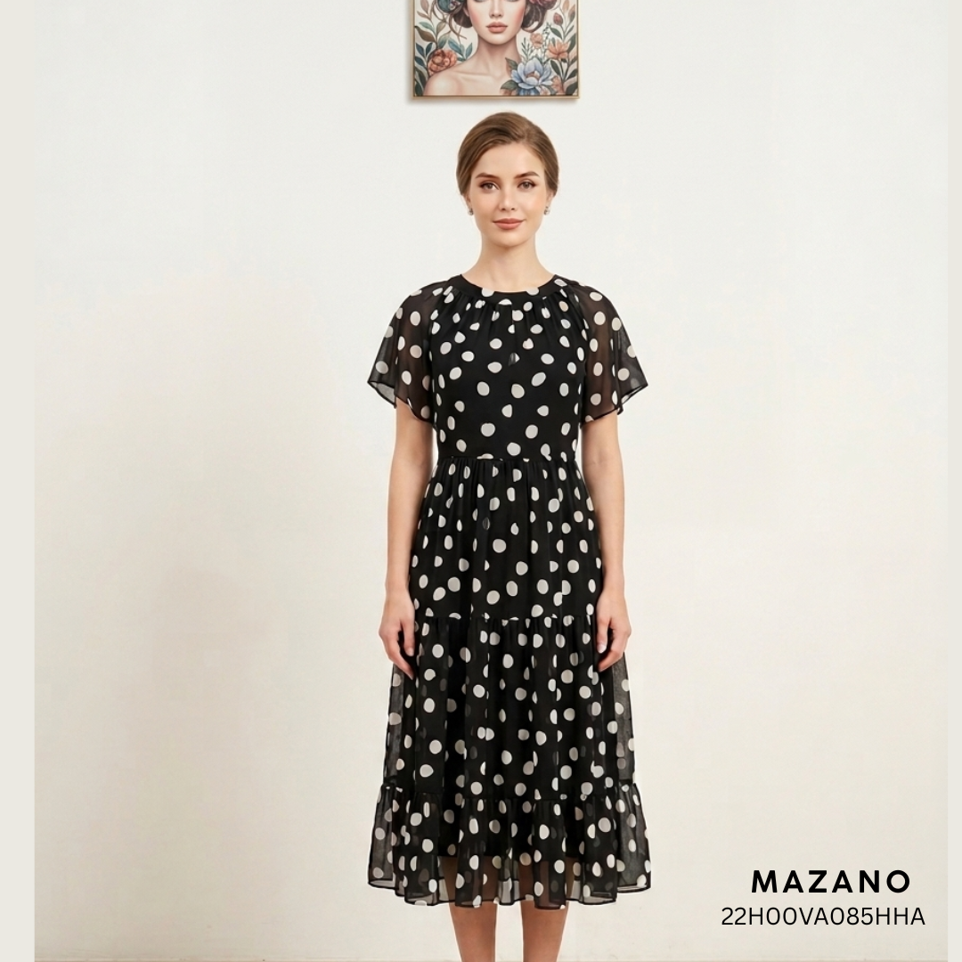 Đầm đen chấm trắng nhún bèo tầng