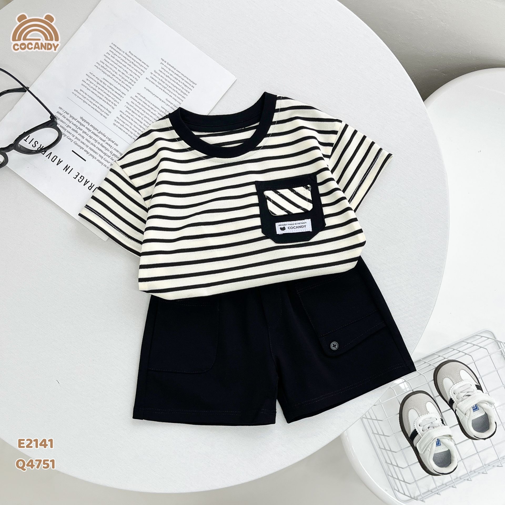 Áo cộc kẻ ĐEN BE phối túi đen_thumbnail_5