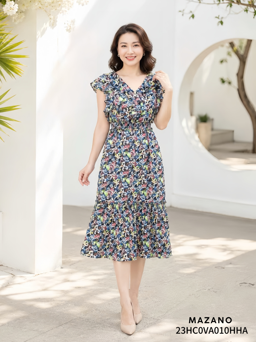 Váy Đầm Ôm phối bèo Vải thô mỏng Họa tiết hoa nhí Cổ V Tay ngắn cách điệu Dài ngang bắp chân 23HC0VA010HHA