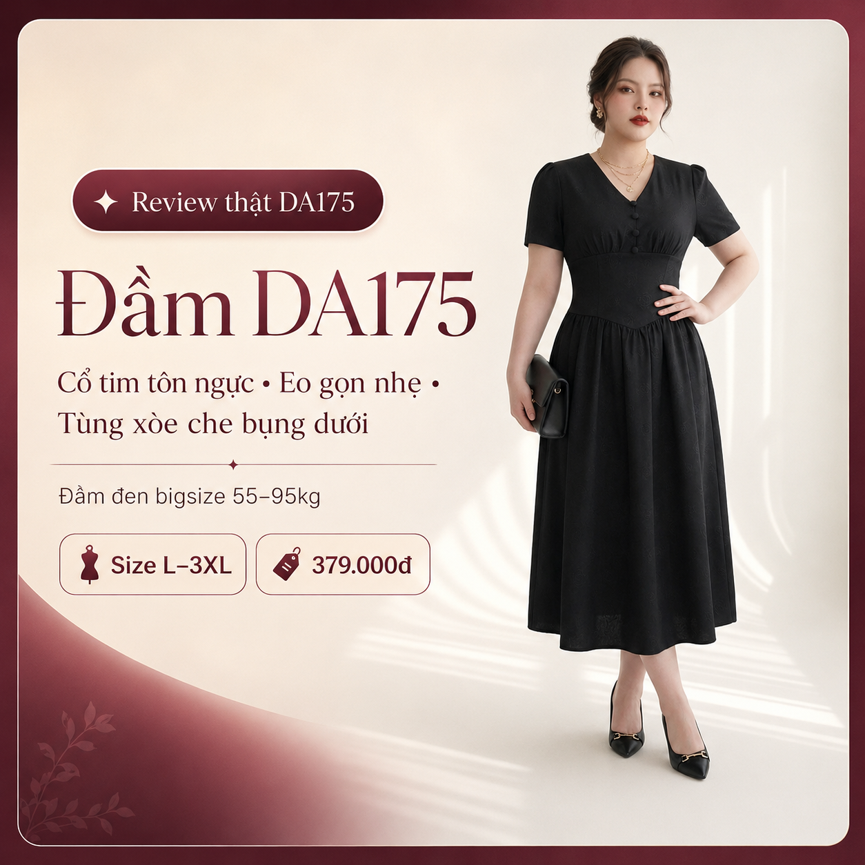 Review Đầm DA175 Bigsize: Đầm Đen 2 Lớp Gọn Eo Cho Nàng 55–95kg