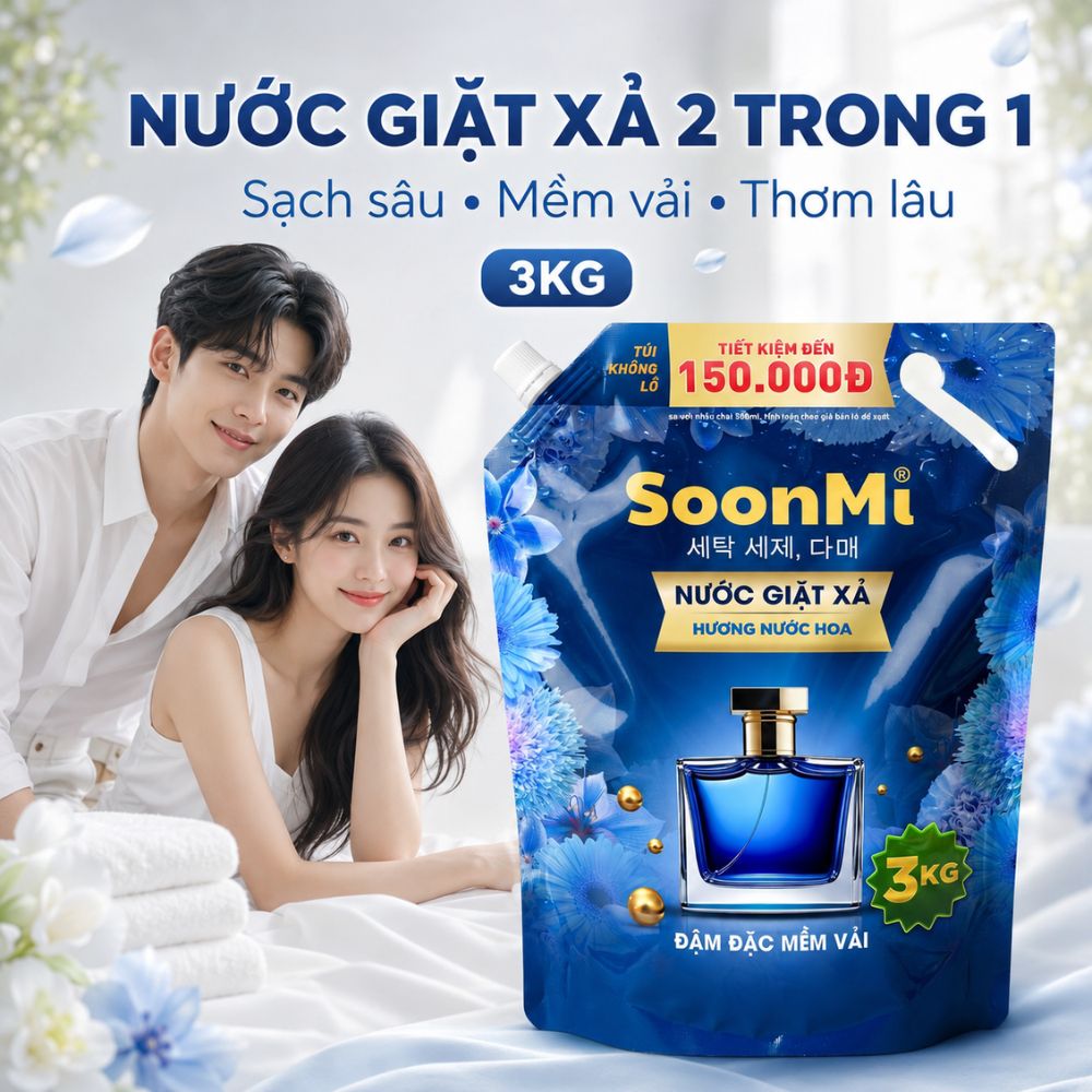 Nước Giặt Xả 2 Trong 1 Soonmi 3kg Đậm Đặc - Công Nghệ Hạt Lưu Hương Ngọc Trai Lên Tới 3 Tuần
