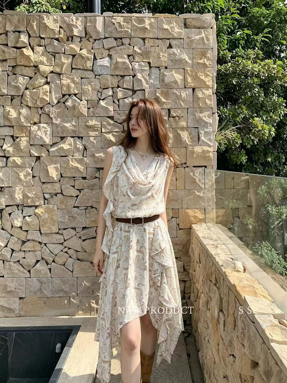 Lucas - Váy zile cổ đổ bèo 1 bên gấu xéo + belt da bản lớn vintage_thumbnail_1