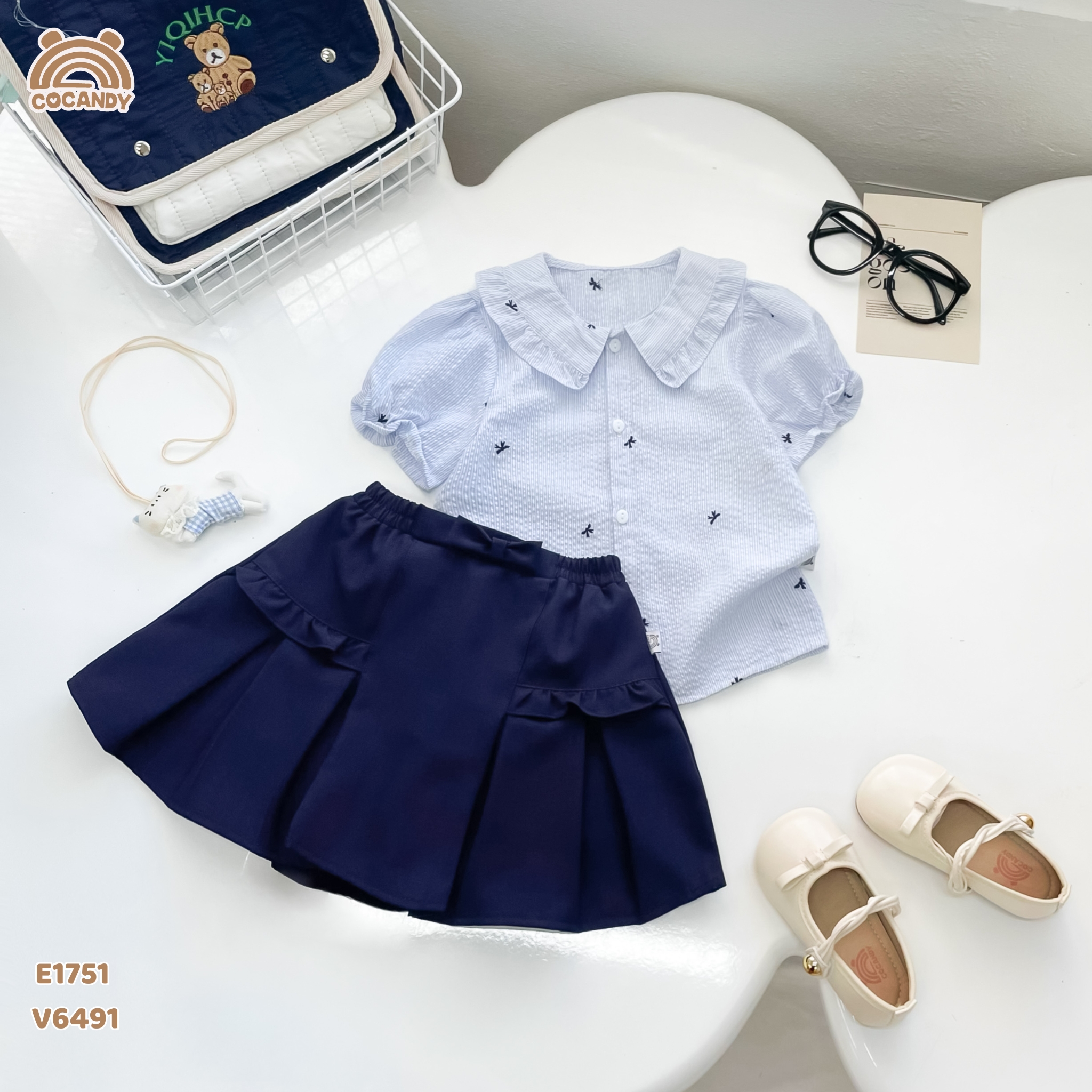 Chân váy cộc XANH nhún cạnh phối nơ xếp ly_thumbnail_4