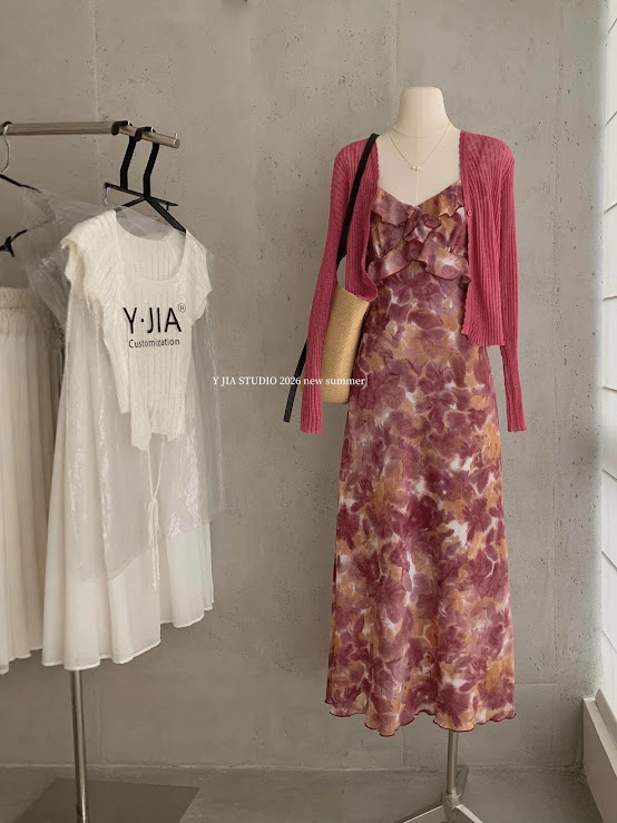Lucas - Váy 2 dây vải loang phối viền bèo chéo ngực dáng maxi