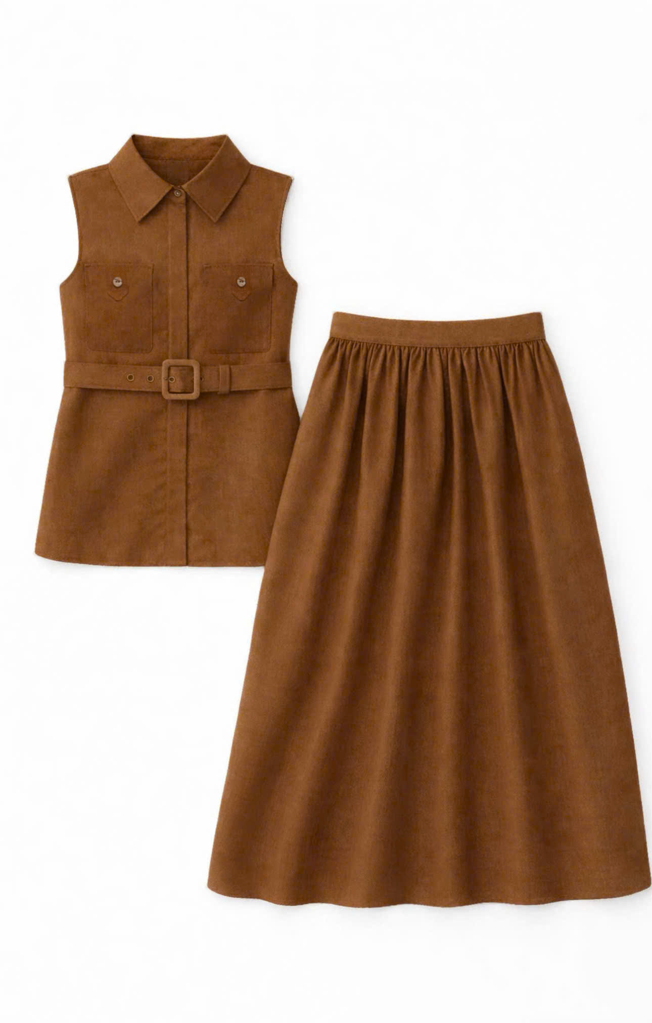 E347 SET LINEN NÂU ÁO POLO BA LỖ + CHÂN VÁY MIDI ZR