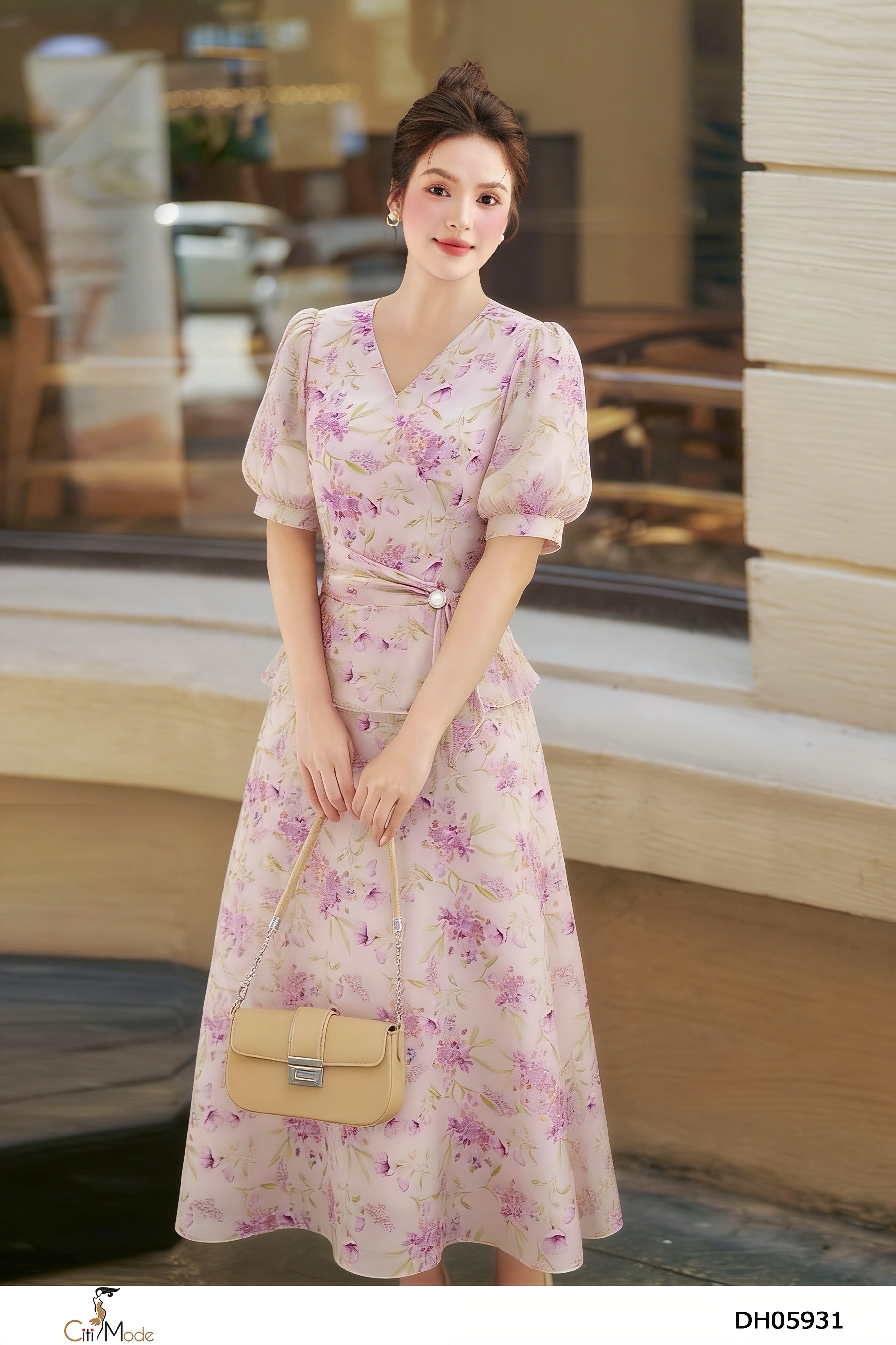 Đầm xòe pepum hoa tím cổ V tay cọc_thumbnail_2