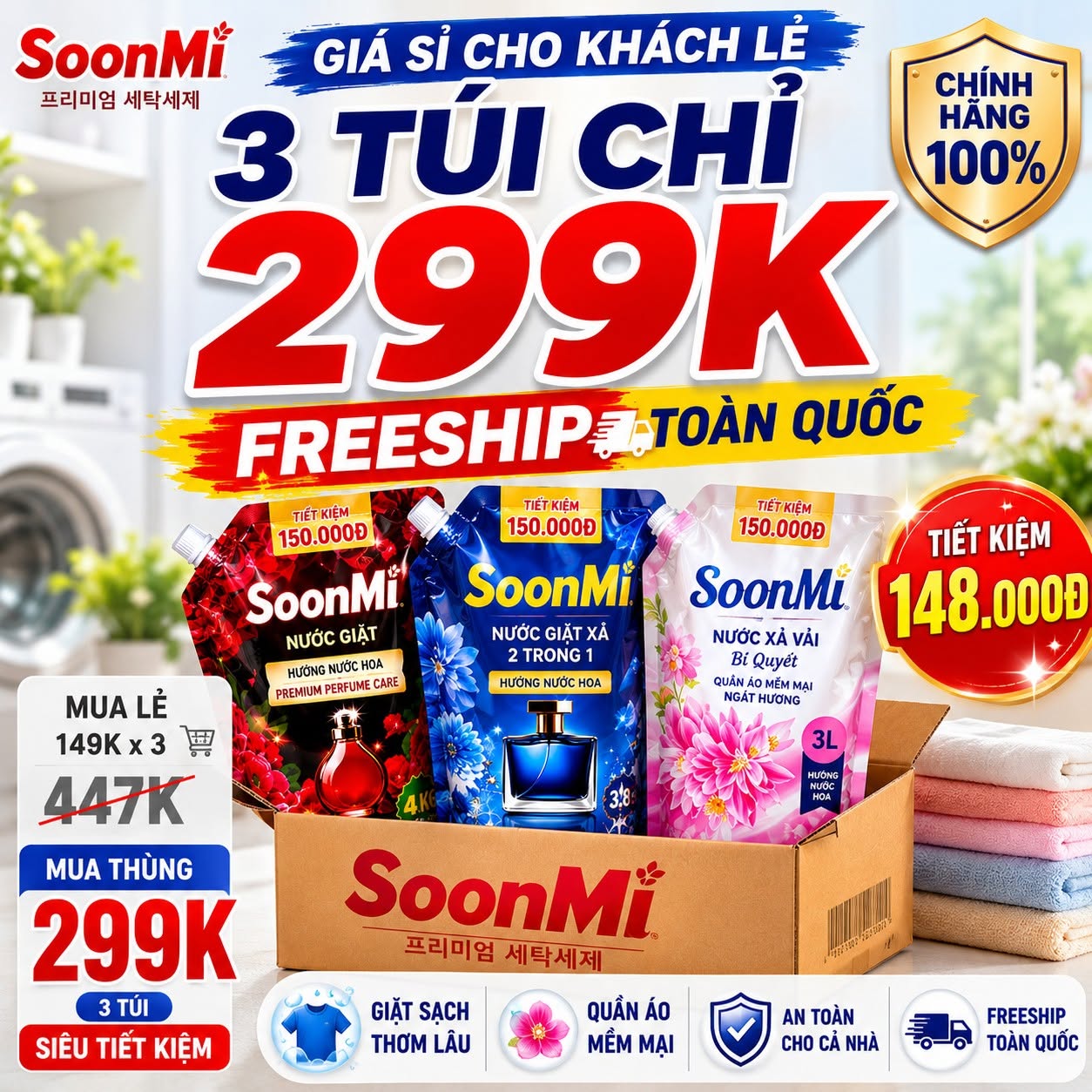 Thùng 3 loại giặt xả (giặt đỏ, xả hồng, giặt xả xanh)