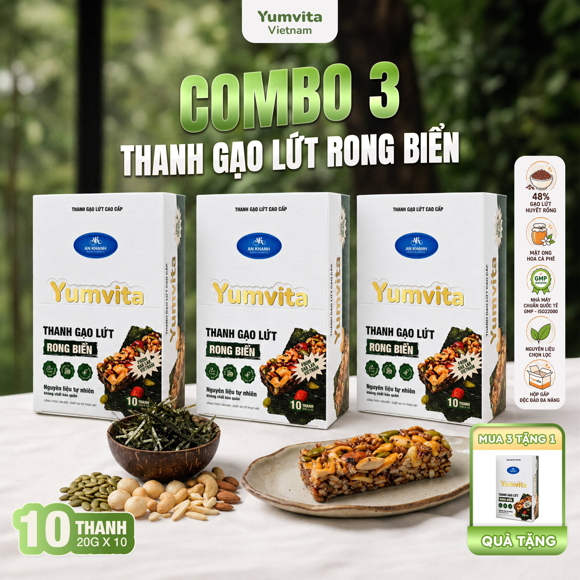 [COMBO 3 HỘP] Thanh Gạo Lứt Vị Rong Biển Yumvita - 3 Hộp 10 Thanh 200g Ăn Vặt Dinh Dưỡng Lành Mạnh